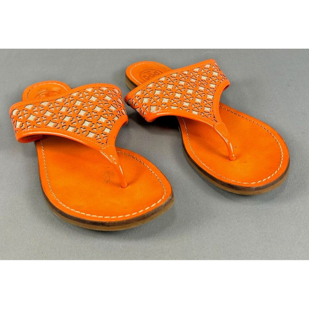 Tory Burch Roselle Orange Leather Laser Cut Lattice Thong Flat Sandals Slides 8M